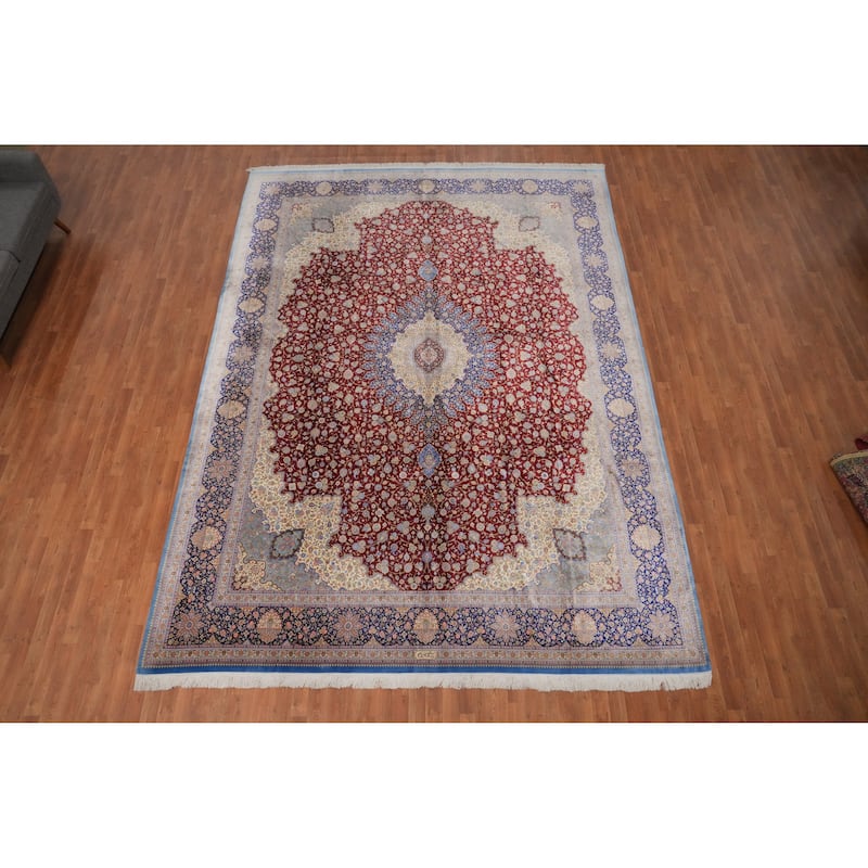 Hand Knotted Oriental 100% Silk Carpet Traditional Floral Red Qum Area Rug - 13' 2'' X 9' 7''
