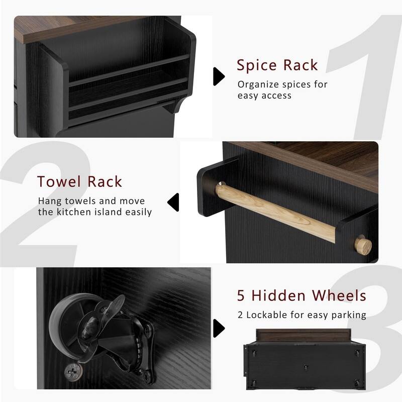 Farmhouse 53.2" Kitchen Island with Power Outlet, Rolling Island Table, Bar Cabinet with Storage 4 Door Shelves and 3 Drawers