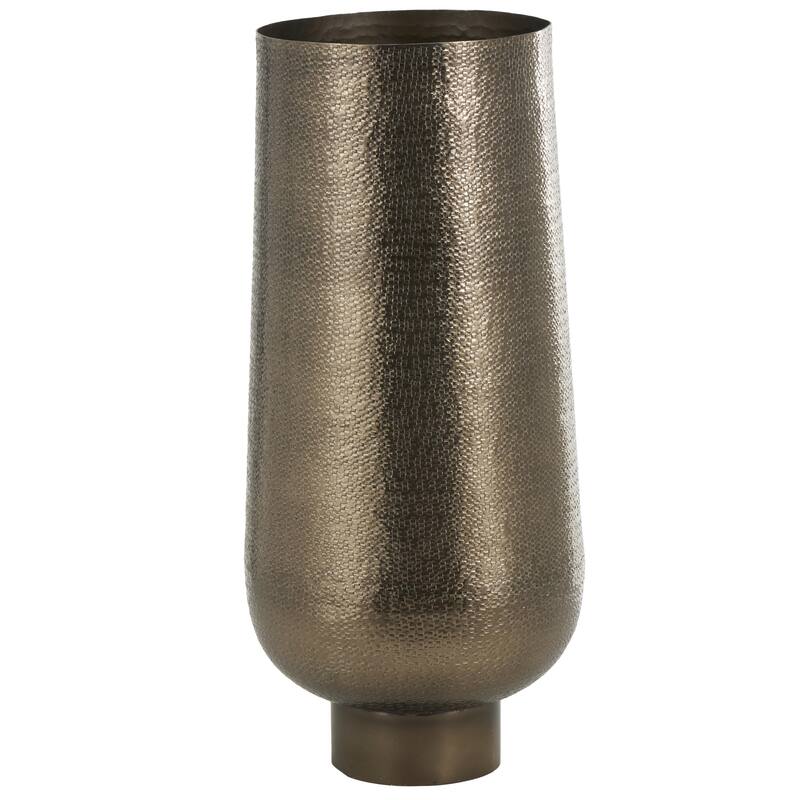 Brass Aluminum Metal Textured Wide Floor Geometric Decorative Vase with Elevated Base