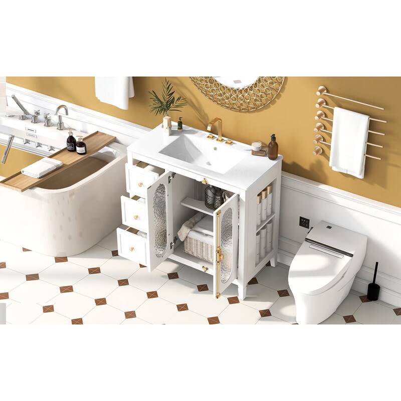 36-inch Bathroom Vanity with 2 Soft Close Doors, Solid Wood Frame Modern Bathroom Storage Cabinet with 3 Drawers