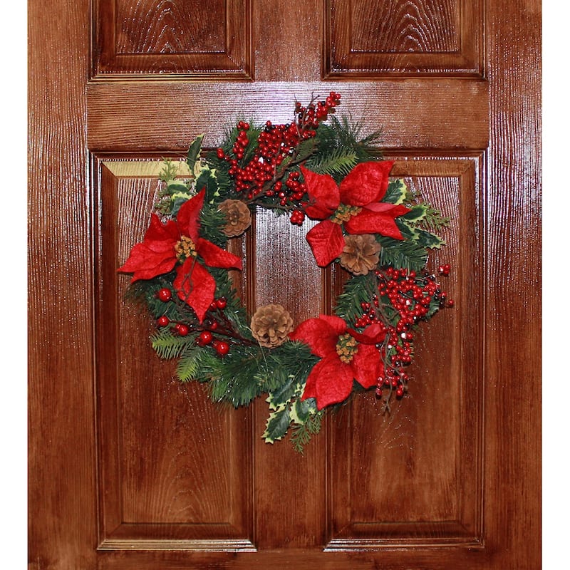 18" Spruce Poinsettia Berry Wreath - Multicolor