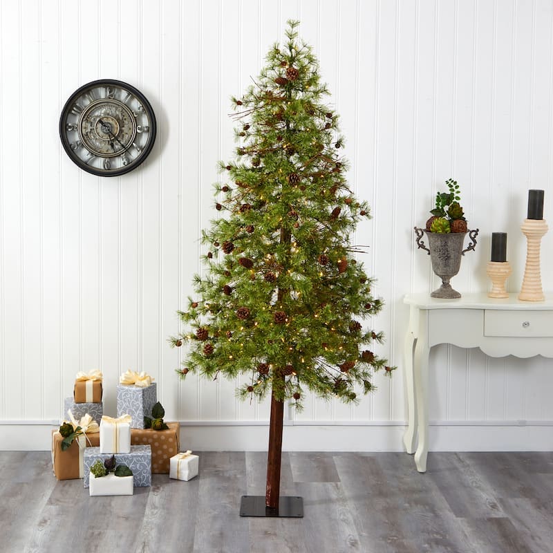 7ft Artificial Christmas Tree with Lights & Pine Cones - Holiday Decor, Slim Profile, Easy Setup - Green - 84