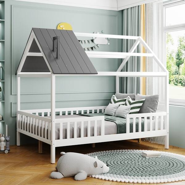 slide 2 of 14, White+Gray Full Pine House Platform Bed with Roof and Fence
