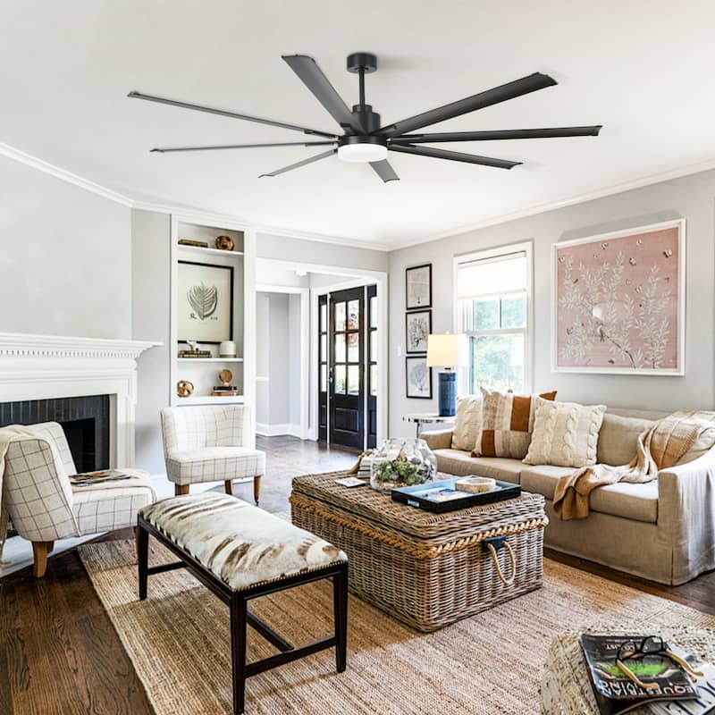 Vaczon 84" Industrial Black Aluminum Large Smart Ceiling Fan with Light and APP Control