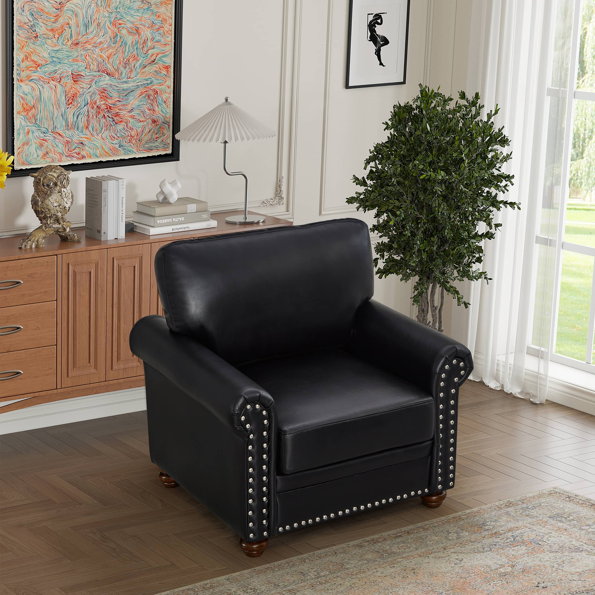 Living Room Sofa Single Seat Chair with Wood Leg Black Faux Leather ...