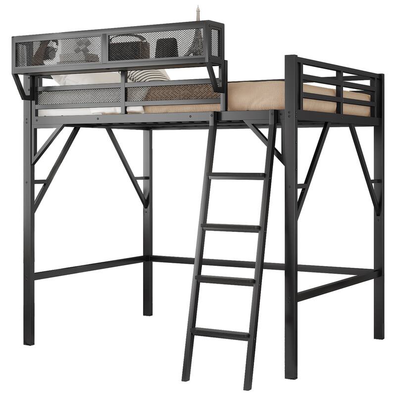 Iron Loft Bed Frame with Storage Shelves, Heavy Duty Metal Loft Bed, Kids High Loft Bed with Full Length Guardrail