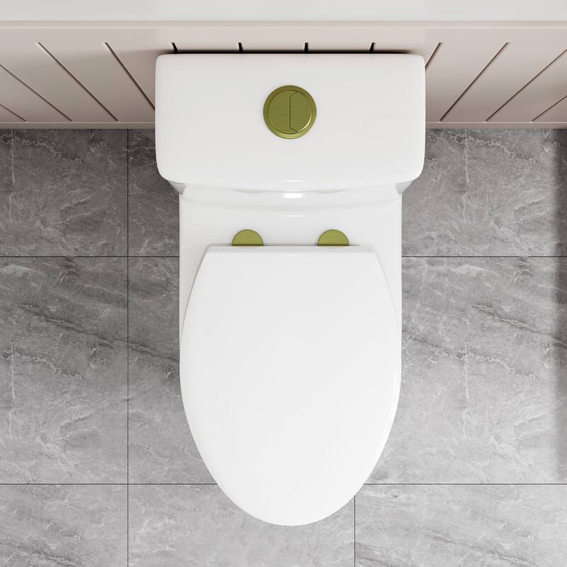 HOROW One-Piece 0.8/1.28 GPF Dual Flush Elongated Toilet in White, Seat Included and Brushed Gold Button