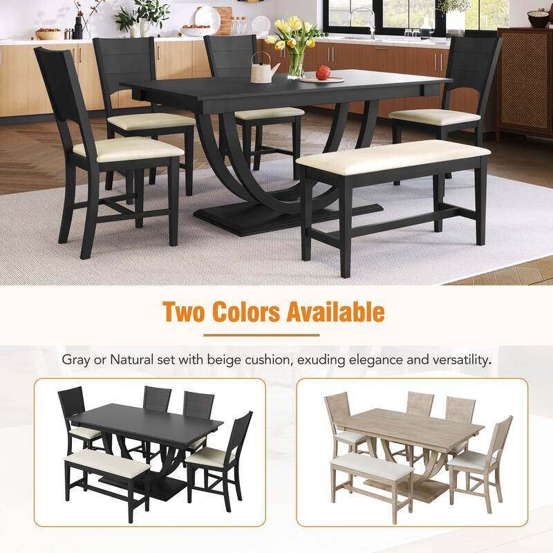Traditional 6-Piece Wooden Dining Table Set with 4 Upholstered Chairs and Bench