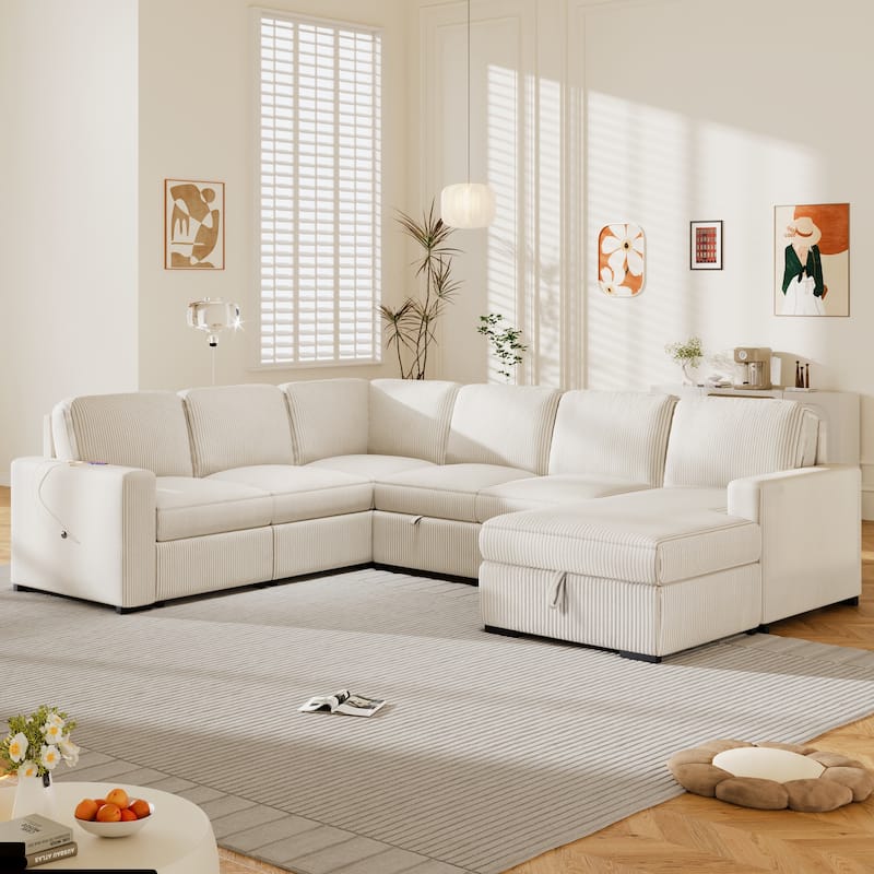 U-Shaped Corduroy Combination Corner Sofa with Storage Lounge Chair, Sectional Couch 6-Seater Sofa with USB Charging Ports