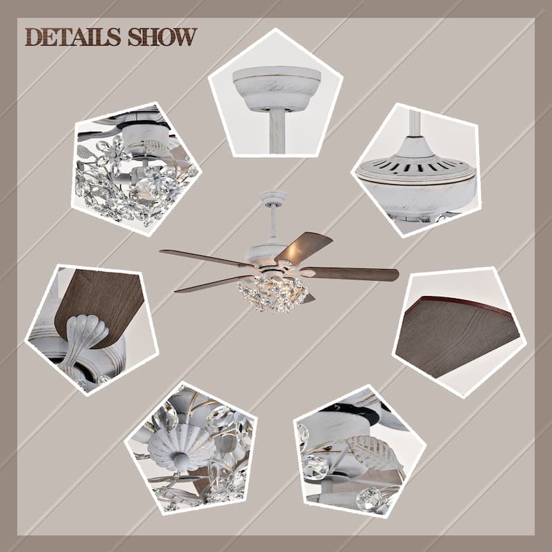 Praer Washed White 5-blade Lighted Ceiling Fan with Crystal Daisy Bouquet Shade