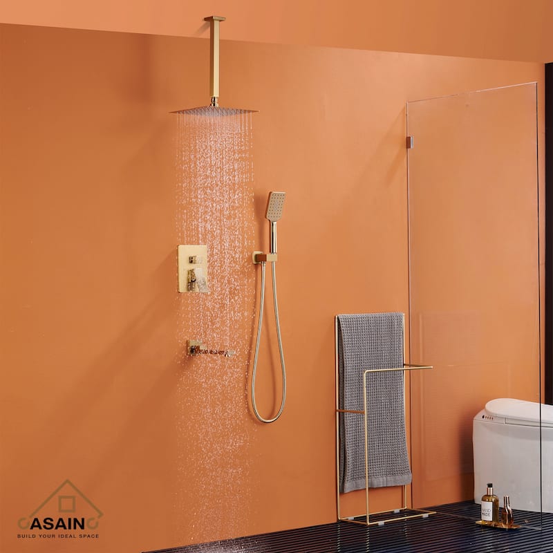 Wall-Mounted Tub Shower Faucets Set with Pre-embedded Valve, 12-inch Square Waterfall Shower Head System(Gold) - Gold