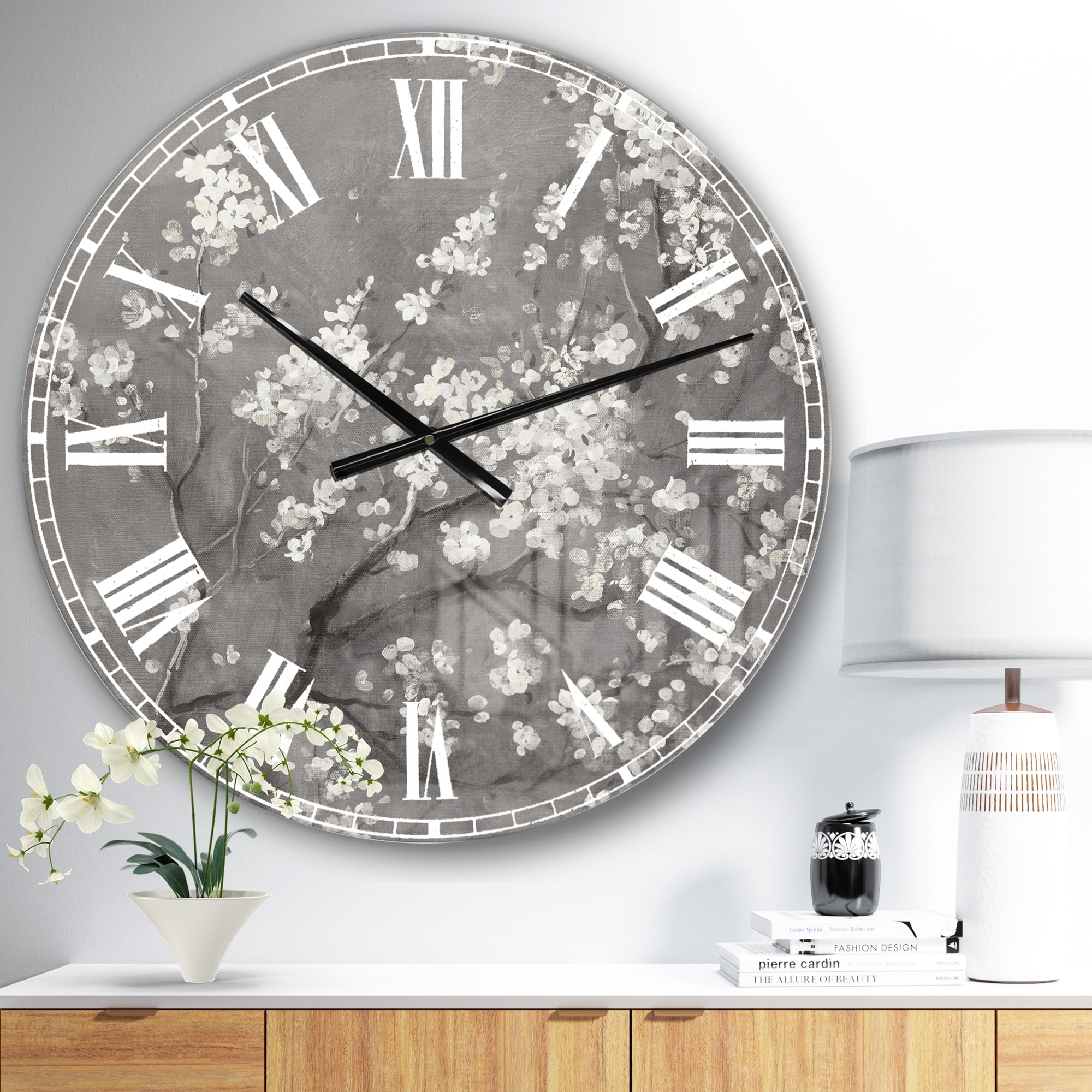 Designart 'White Cherry Blossoms I' Traditional Large Wall CLock