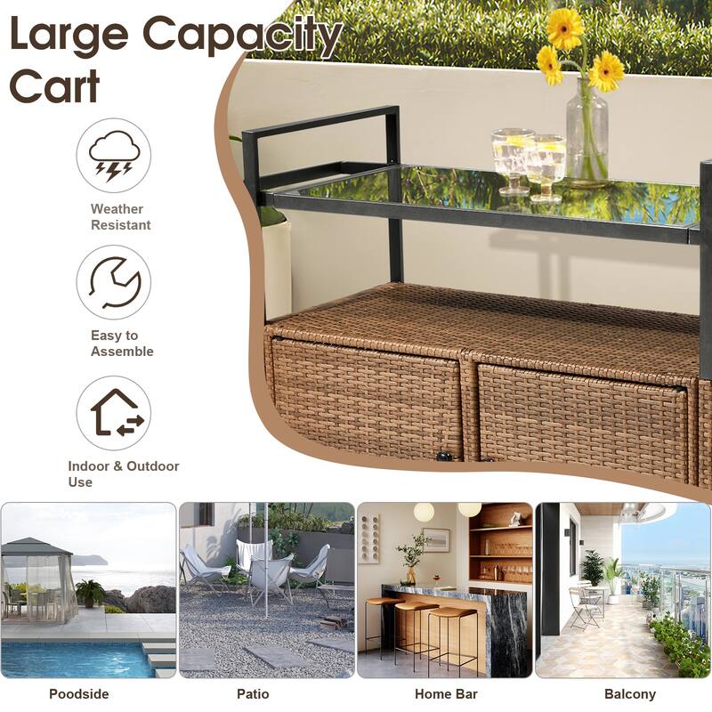 Outdoor Wicker Bar Cart Table with Storage and Wheels - 51.2" x 19.7" x 35.4"