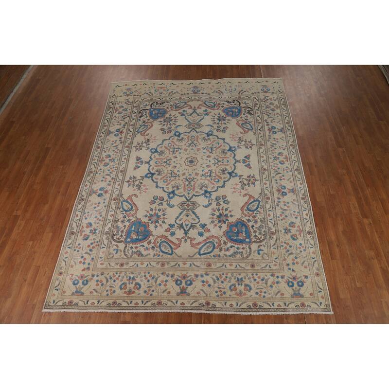 Floral Tabriz Persian Area Rug Traditional Beige Handmade Wool Carpet - 8'1"x 10'11"