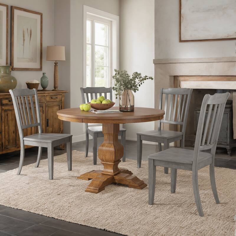 Ronda 45" Round Solid Wood Top Dining Set with Spindle Back Chairs - Oak Table - Antique Grey Chairs