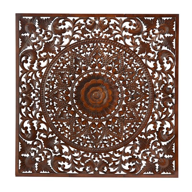 Wooden Handmade Intricately Carved Floral Wall Decor with Mandala Design (Set of 3) - Brown or White