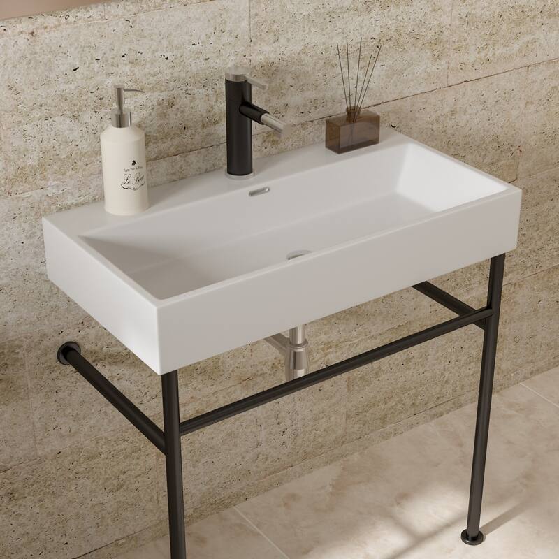 30" Ceramic Console Sink with Overflow, White Basin, Gold Stainless Steel Legs, Easy Installation