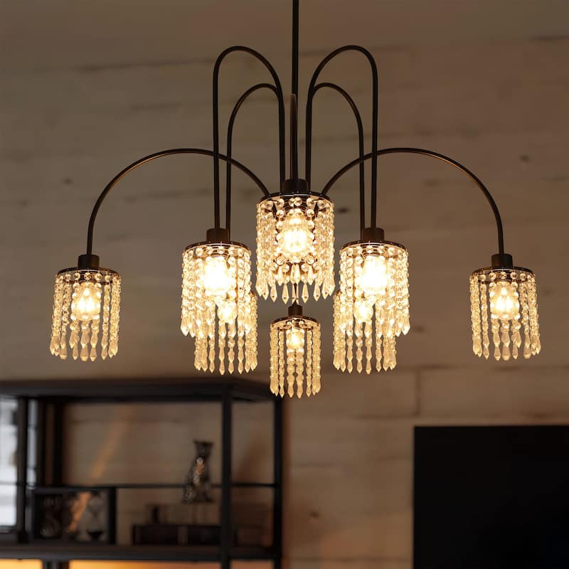 6/8-Light Modern Black Linear Sputnik Crystal Chandelier for Dining Room - 8-Light