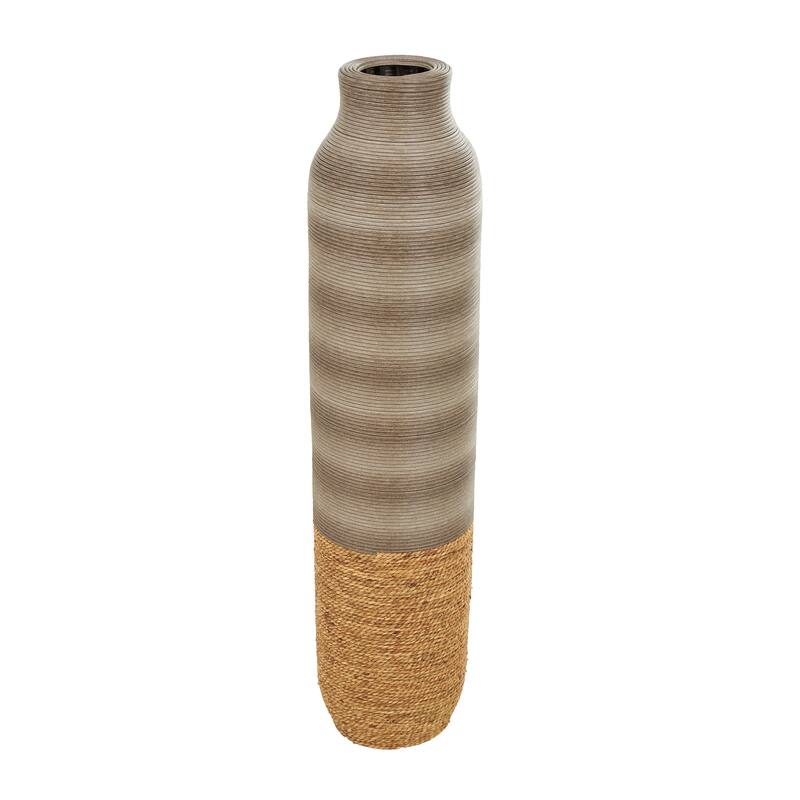 Brown Seagrass Handmade Ribbed Decorative Vase with Coiled Seagrass Base