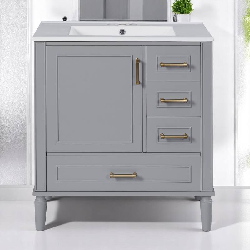 30" Bathroom Vanity with Sink, Freestanding Storage Cabinet with 3 Drawers, Soft-Close Door, Ceramic Basin,Bathroom Cabinet
