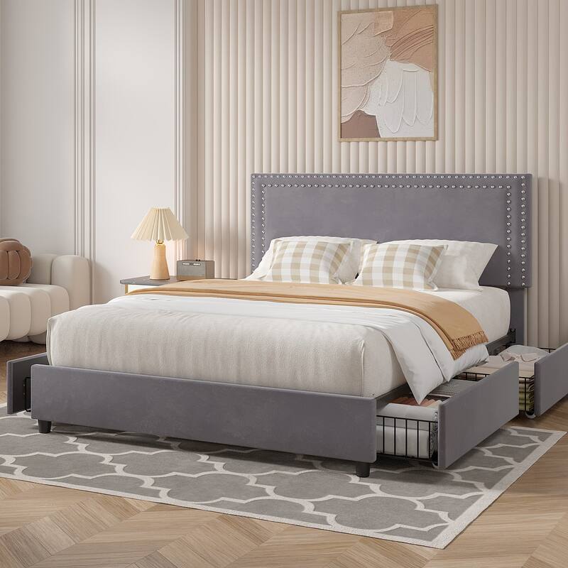 VECELO Upholstered Storage Bed Frames with 4 Storage Drawers, Platform Bed Frame with Adjustable Velvet Rivets Headboard - Grey - Full