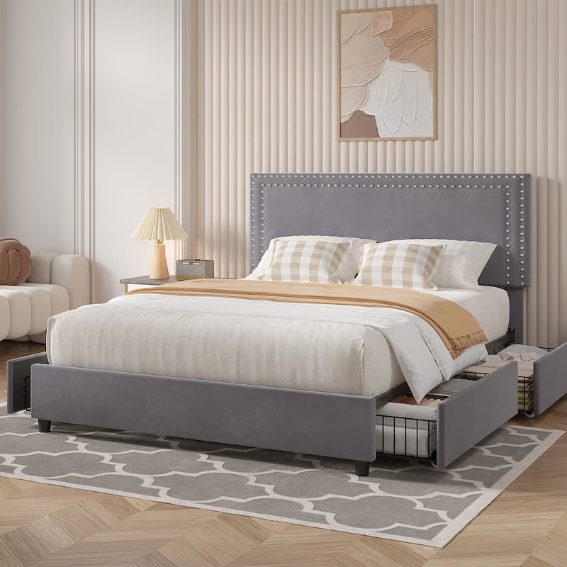 VECELO Upholstered Storage Bed Frames with 4 Storage Drawers Platform Bed Frame with Adjustable Velvet Rivets Headboard