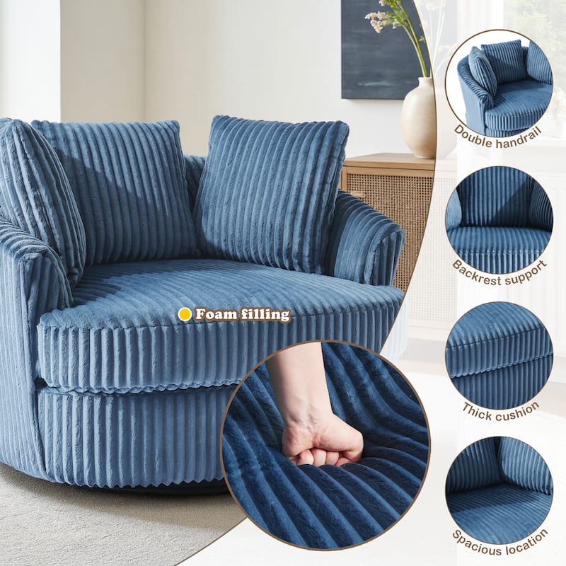 Oversized 43" W Corduroy Slipcovered Swivel Barrel Chair with Pillows Set of 2