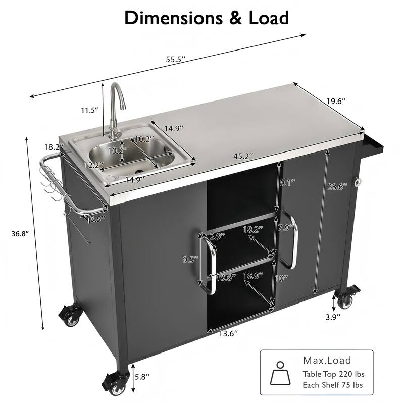 Metal Tabletop Kitchen Island with Stainless Steel Sink, Built-in Partition and Rolling Grill Cart, Pantry Storage Cabinet