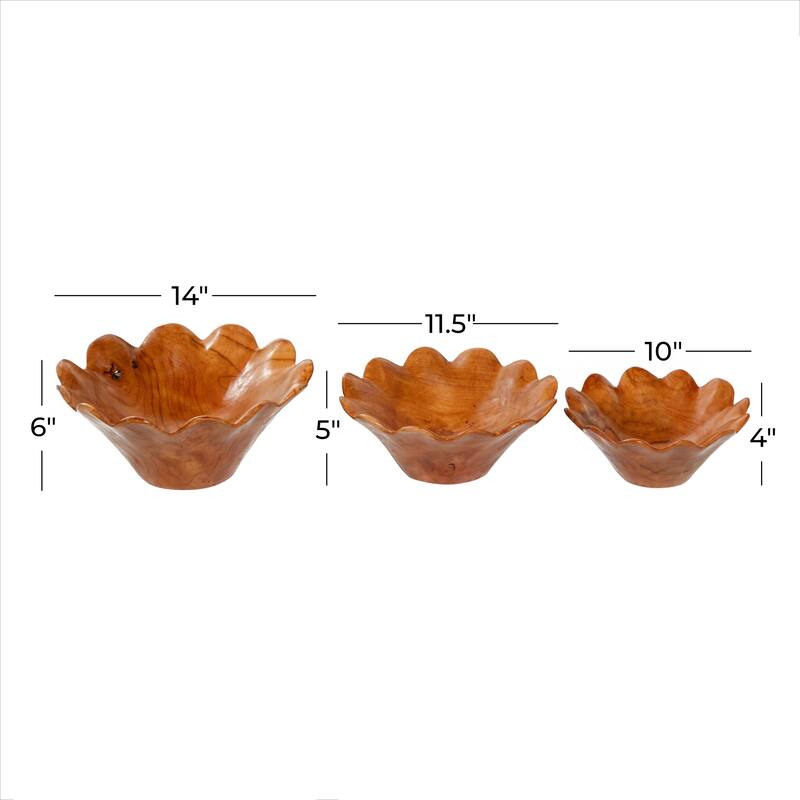 Teak Wood Floral Handmade Decorative Bowl - Set of 3 Brown - Roche River Decor