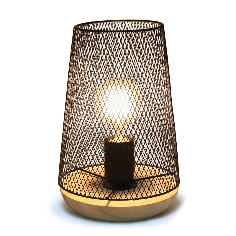 Metal Open Cage Mesh Table Lamp with Pine Wood Base - 6 x 6 x 9 in. (L x W x H)