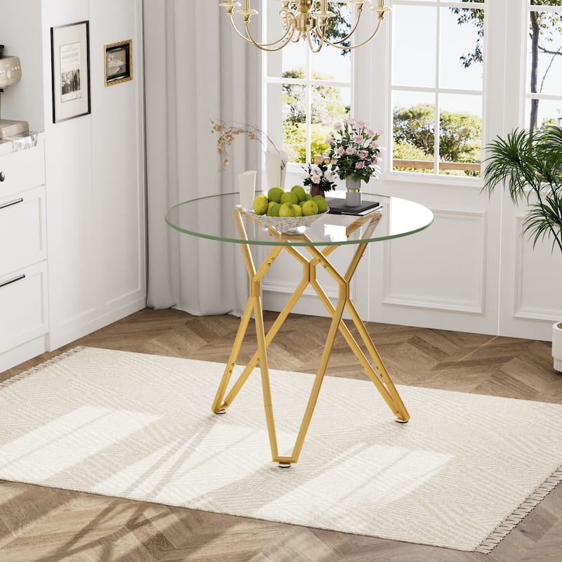35.4-Inch Round Tempered Glass Dining Table, Suitable For 1-4 People, Space-Saving Small Kitchen Dining Table - Gold