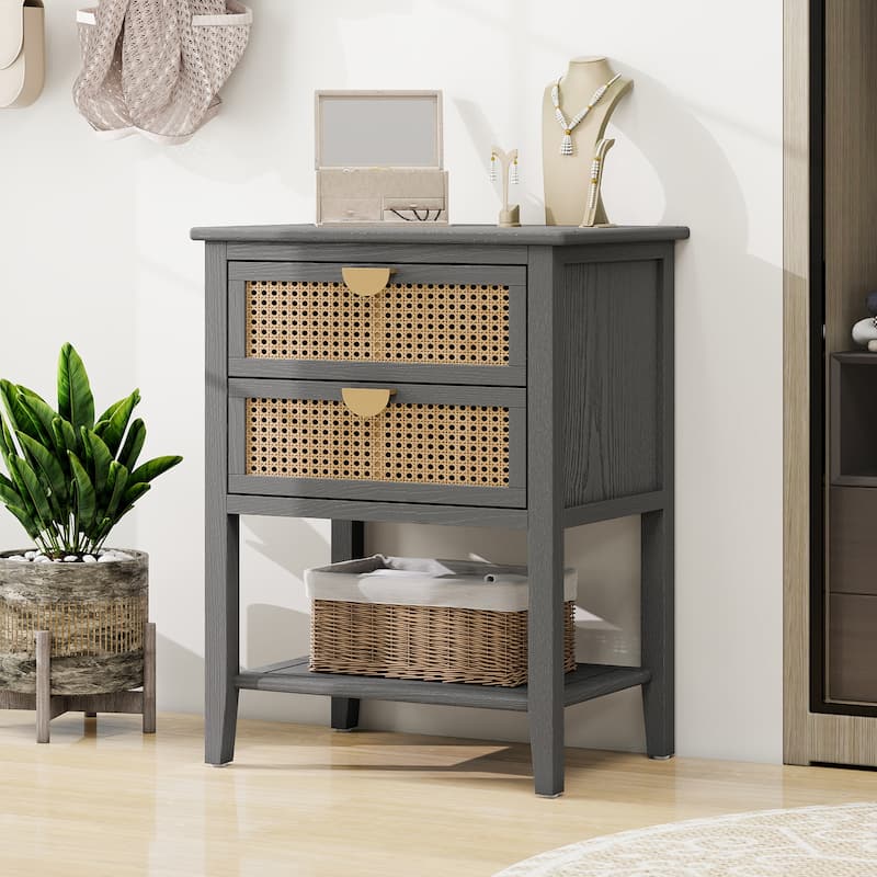 Roomfitters 2 Drawer Side Table, Rattan Nightstand End Table with Storage for Bedroom, Living Room - Grey