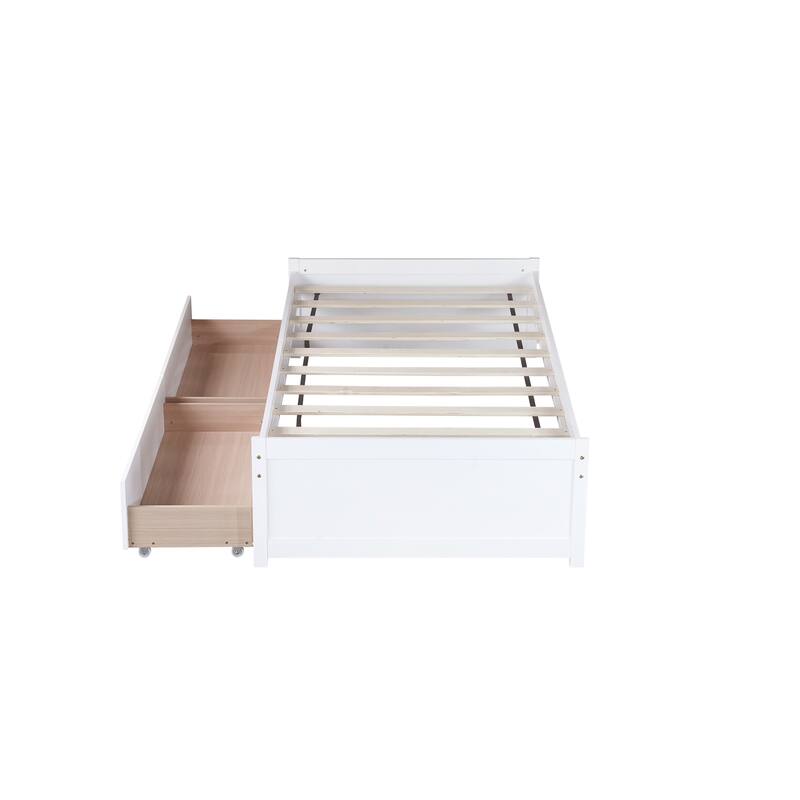 Twin Size Storage Bed with 2 Drawers Solid Rubber Wood Platform Bed, No Headboard
