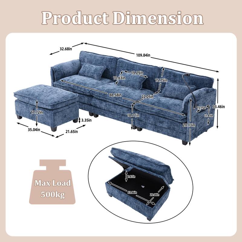 GALDWIN Chenille Upholstered L-shaped Modular Sectional Sleeper Sofa with Movable Storage Ottoman,USB&Type-C