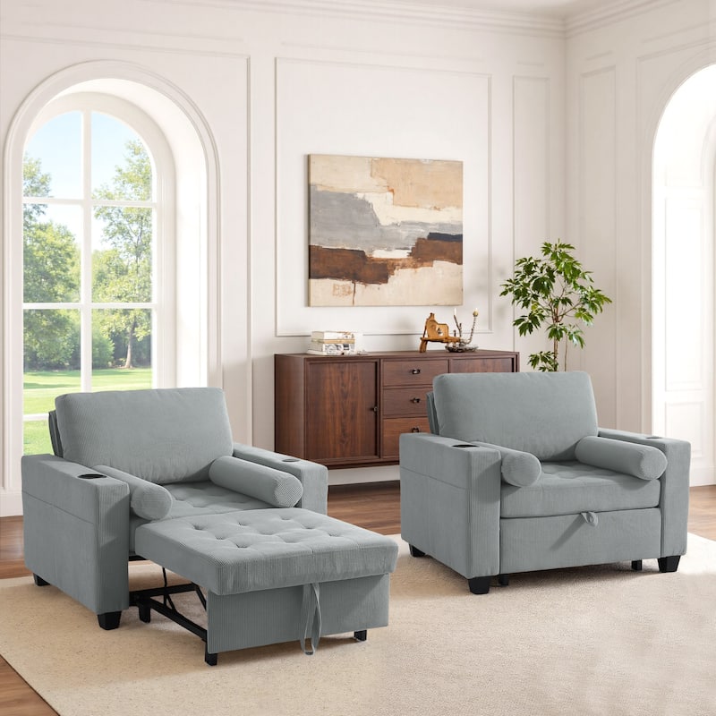 2 Set Convertible Adjustable Lounge 3-in-1 Pull-Out Sleeper Chair Bed - Grey