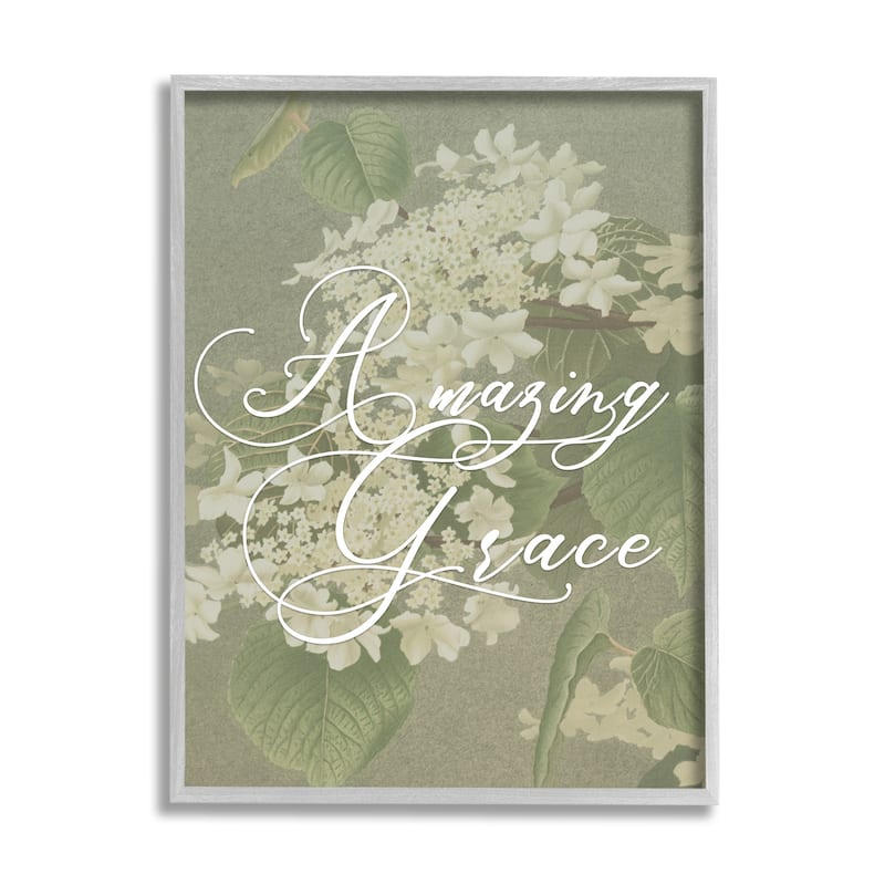Stupell Amazing Grace Phrase Vintage White Flower Blossoms Framed Wall Art - Green