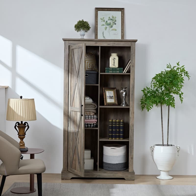 Farmhouse Style Wood Tall Storage Cabinet with Shelves,Living Room Cabinet with Door