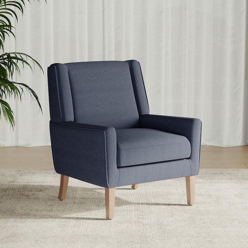 Mid-Century Linen Wing Chair - Tailored Channel Tufting & Walnut Tapered Legs, Compact Accent for Reading Nooks - Single - Blue