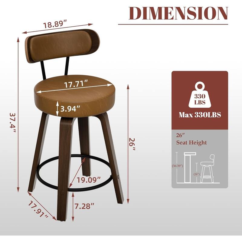 XINMICS 26 Inches Swivel Counter Height Bar Stools with Faux Leather Upholstered Pad Wood Back, Set of 2/3/4