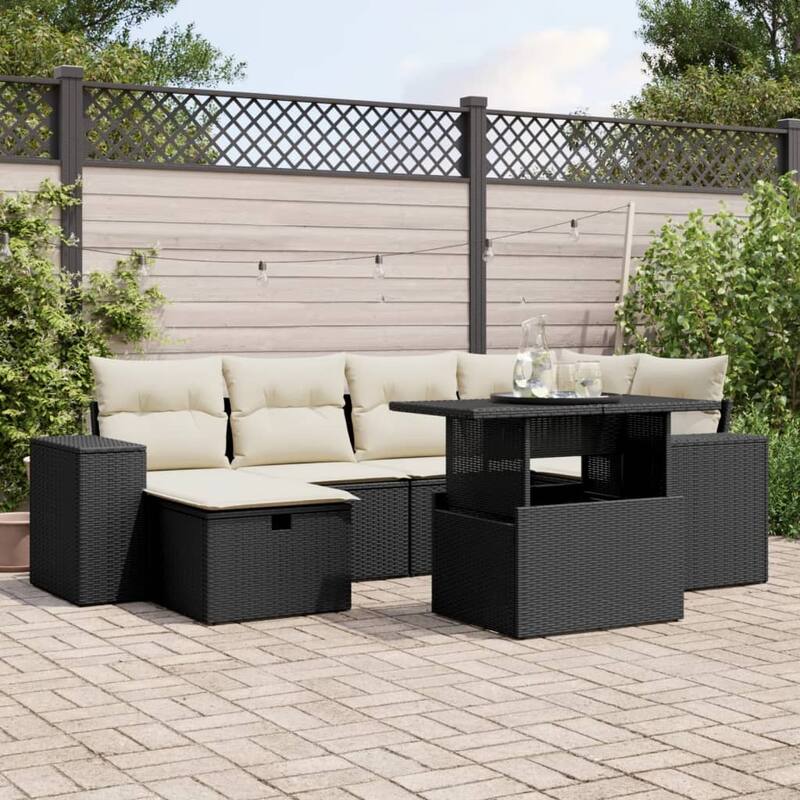 vidaXL Patio Sofa Set with Cushions Outdoor Furniture 7 Piece Poly Rattan - Black and cream without storage - 21.7 x 39.4 x 28.7 in