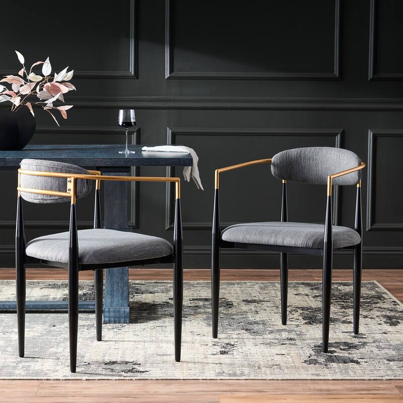Upholstered Dining Chairs Set of 2 with Gold Trim Iron Frame and Open Backrest