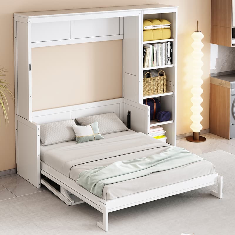 Murphy Bed Multifunctional & Space-Saving Folding Bed with a Desk and Side Storage Bookshelf No Box Spring Needed Suit AnyRoom - White - Full