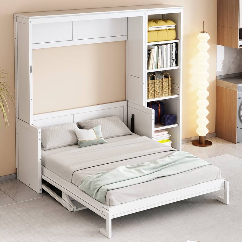 Space-Saving Full Size Murphy Bed with Integrated Desk and Bookshelf in White