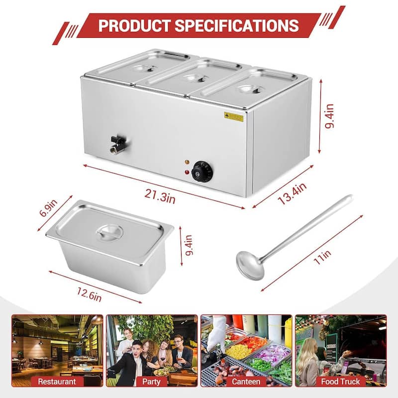 21 QT Electric 3-Pan Commercial Food Warmer Buffet, Countertop Steam Table - N/A