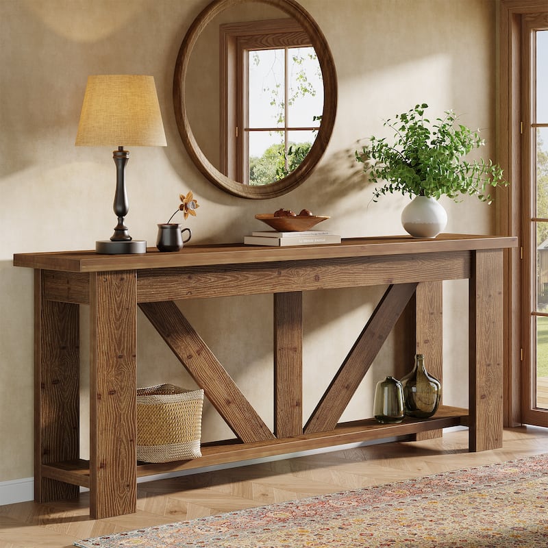 70.9-Inch Solid Wood Console Table, 2-Tier Sofa Table Behind Couch - Brown