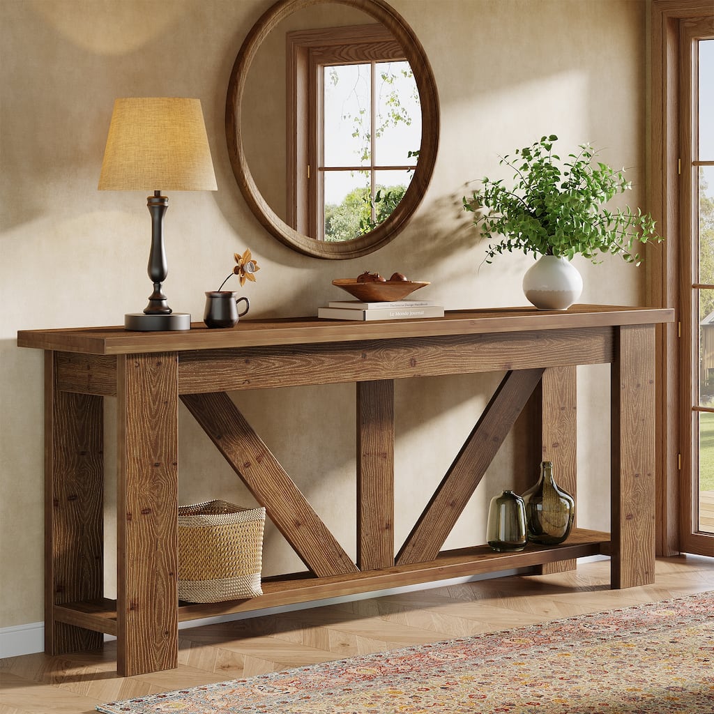 70.9-Inch Solid Wood Sofa Console Table, Extra Long Storage Shelves Entryway Table for Living Room, Hallway, Foyer