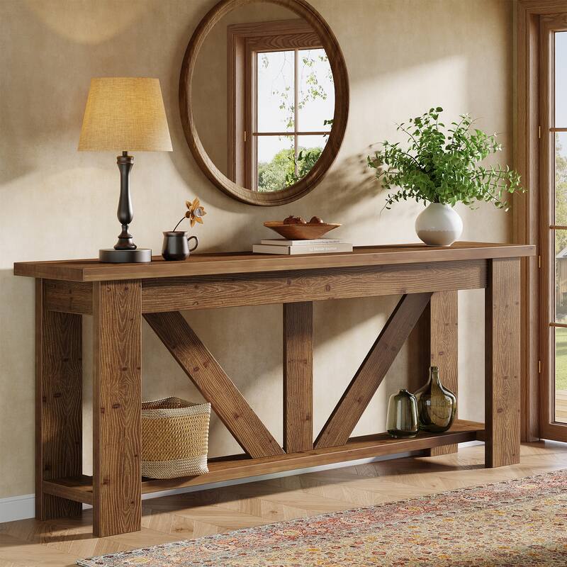 70.9-Inch Solid Wood Sofa Console Table, Extra Long Storage Shelves Entryway Table for Living Room, Hallway, Foyer - DeepBrown