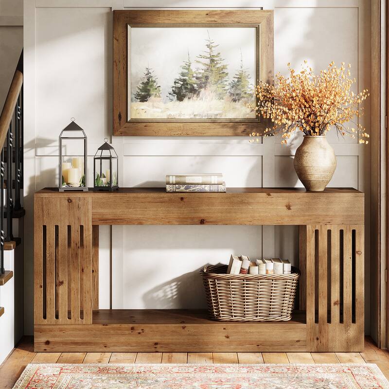 63-Inch Solid Wood Sofa Table, Farmhouse Sofa Console Behind Couch