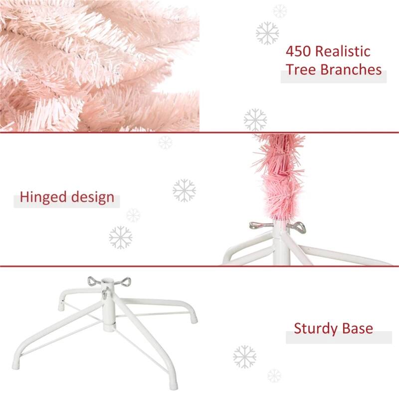 Pink Artificial Christmas Tree PVC Metal 450 Tips Lifelike Holiday Decor Easy Setup Flame Retardant - 29.5" x 59" H