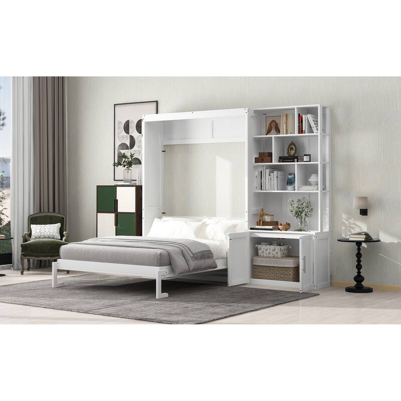 Space-Saving Full Size Murphy Bed with Storage Shelves and Cabinet, White